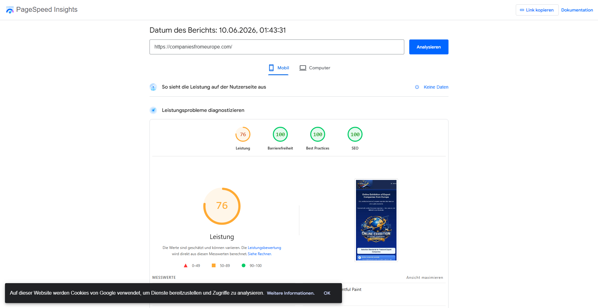Google PageSpeed Insights desktop technical evaluation result for CompaniesFromEurope.com