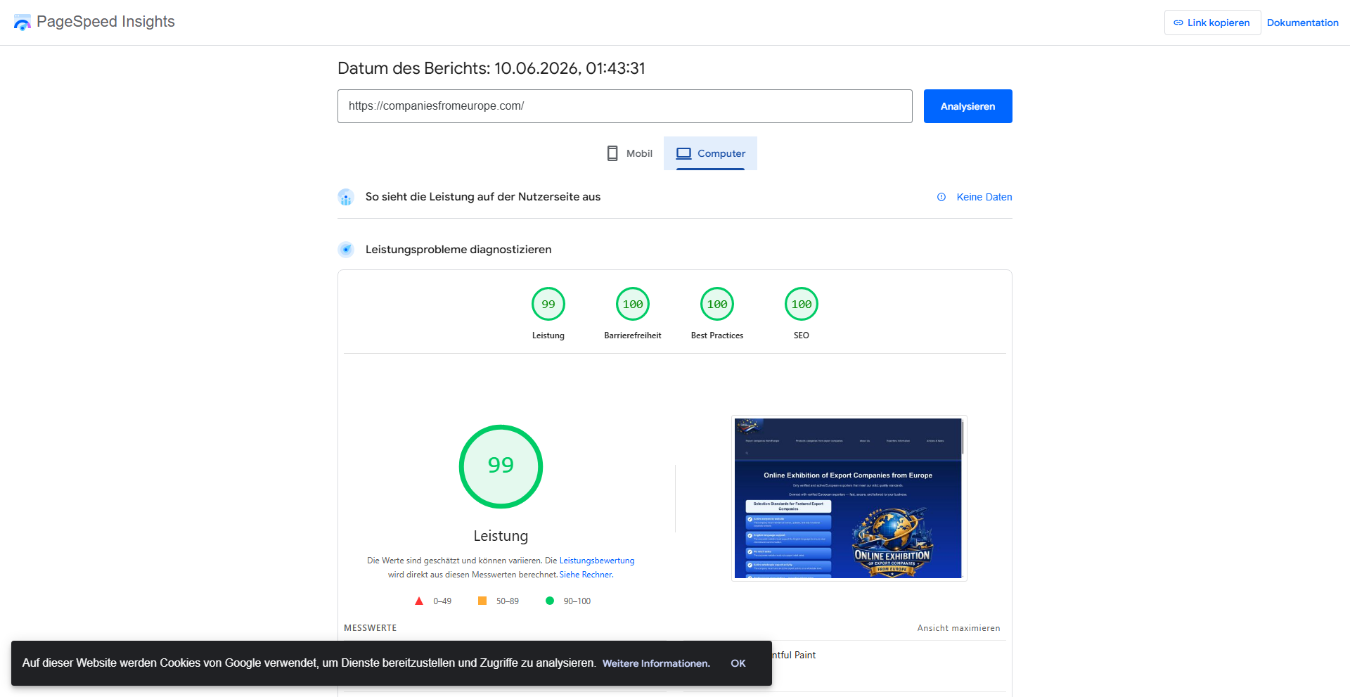 Google PageSpeed Insights mobile technical evaluation result for CompaniesFromEurope.com